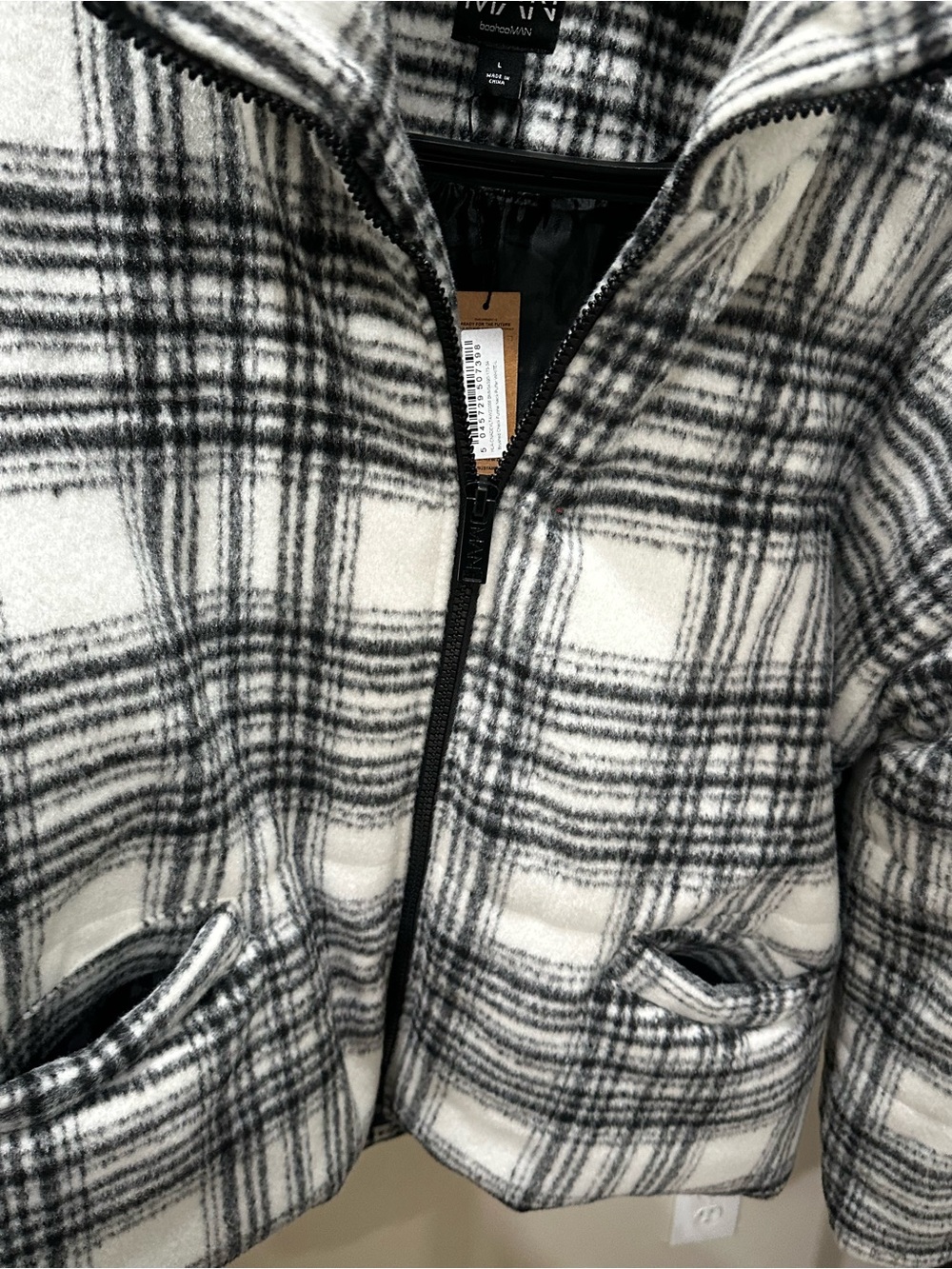 BoohooMAN Black & White Plaid Fleece Jacket Heavy - NWT